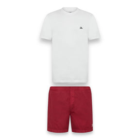 CP COMPANY SMALL PATCH LOGO T-SHIRT & PATCH SWIM SHORTS SET WHITE & RED