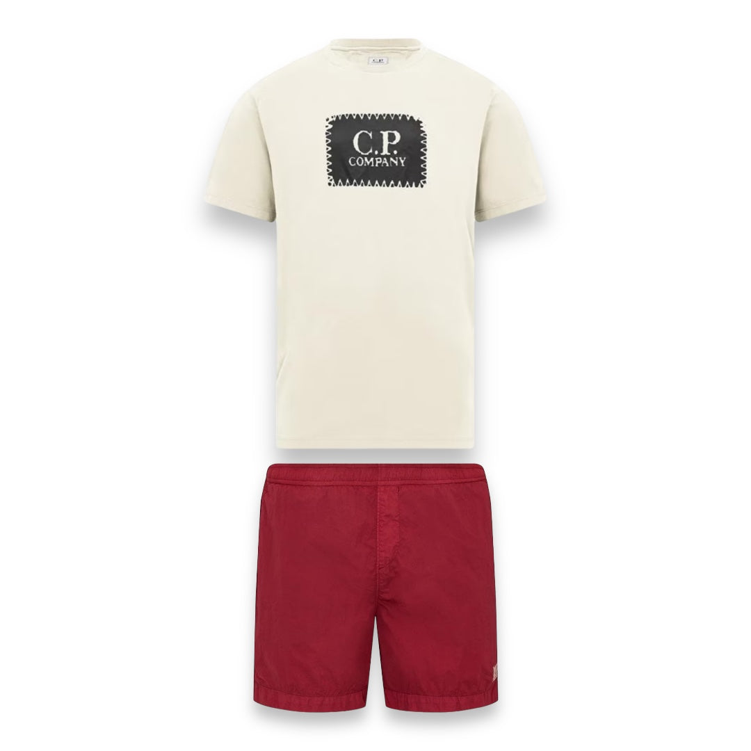 CP COMPANY LARGE PATCH LOGO T-SHIRT & PATCH SWIM SHORTS SET WHITE & RED