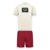 CP COMPANY LARGE PATCH LOGO T-SHIRT & PATCH SWIM SHORTS SET WHITE & RED