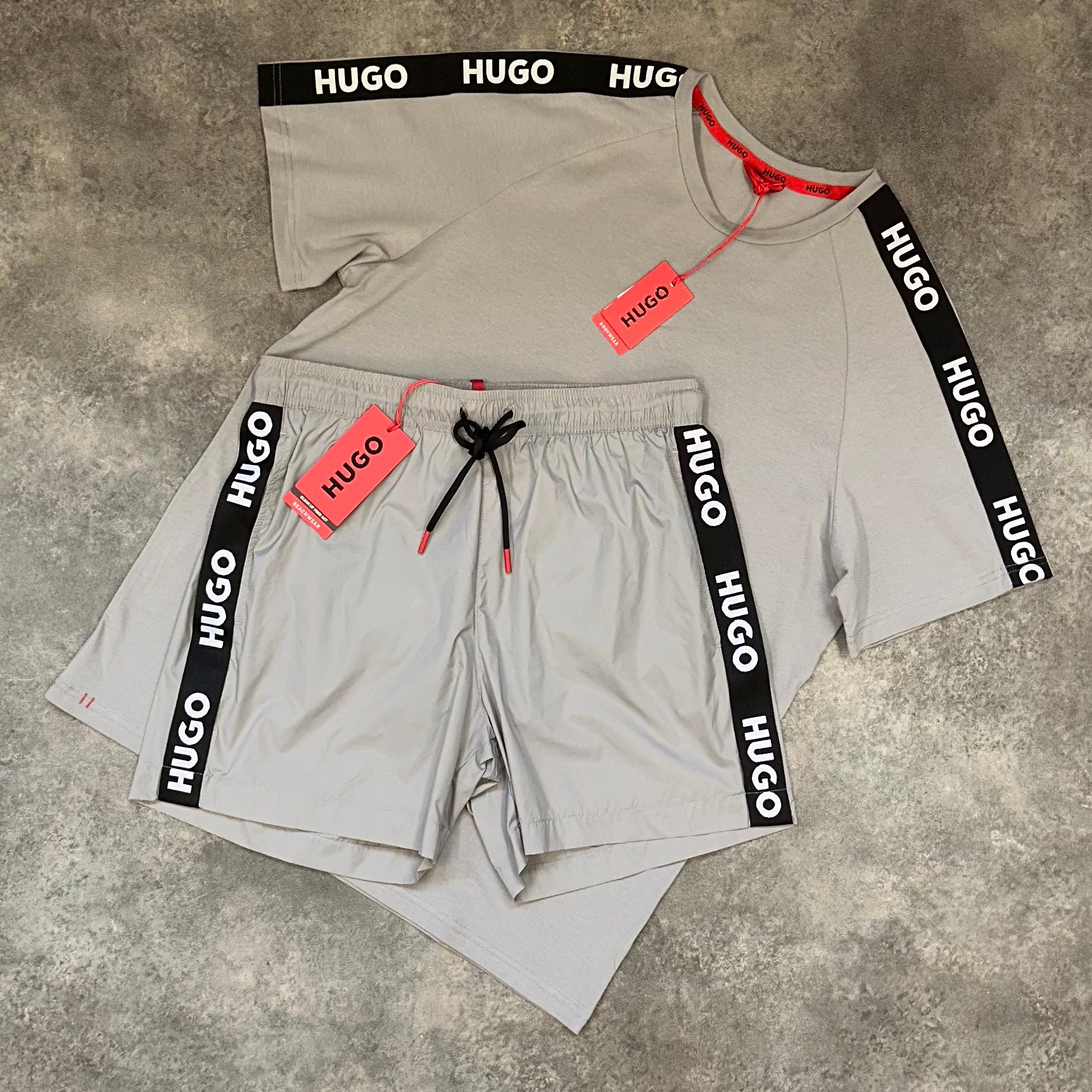 HUGO BOSS HUGO TRIM LOGO T-SHIRT & SWIM SHORTS SET STEEL GREY | Shorts
