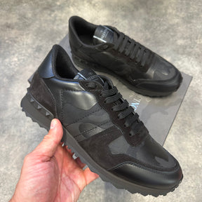 VALENTINO ROCKRUNNER LEATHER CAMO TRAINERS BLACK