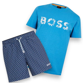 HUGO BOSS WAVE LOGO T-SHIRT & SHORTS SET BRIGHT BLUE / NAVY