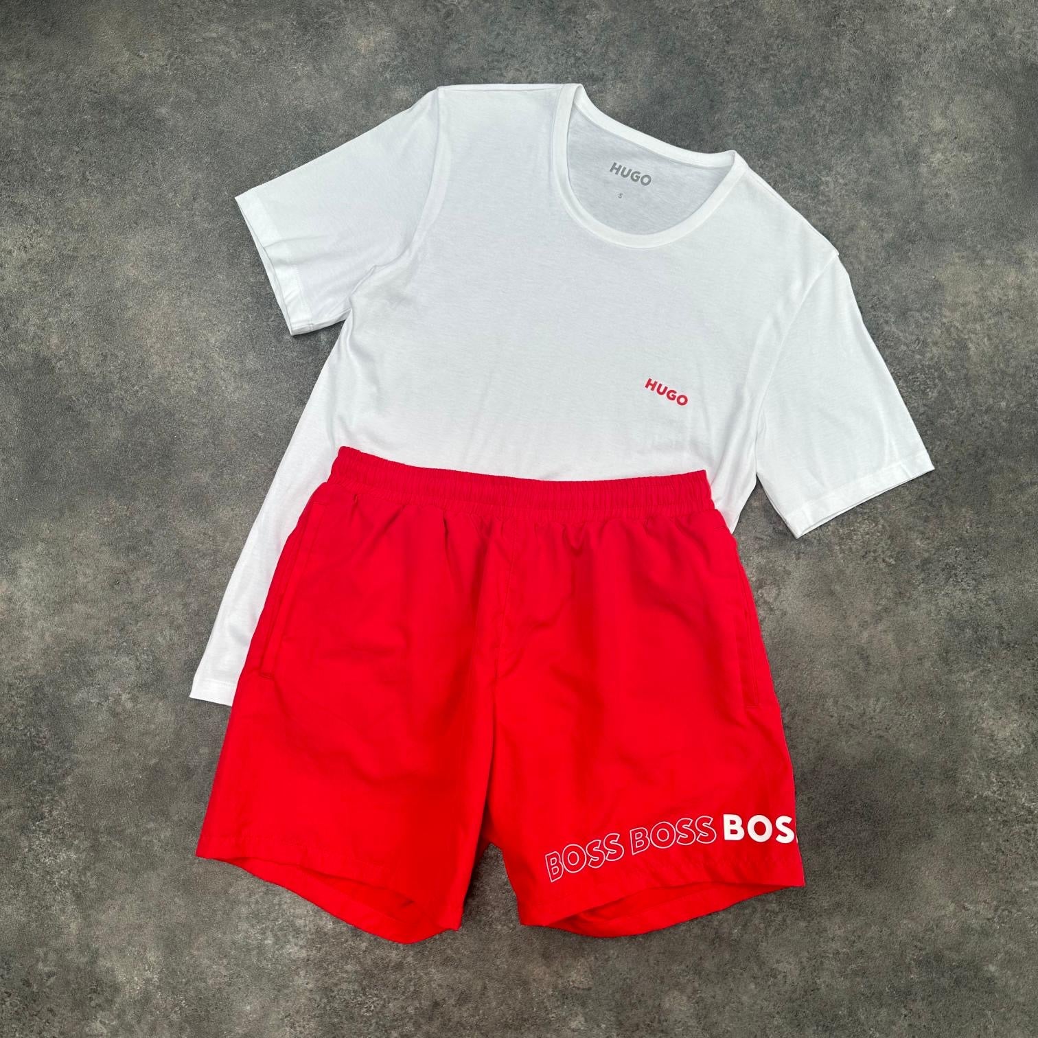 HUGO BOSS HUGO T-SHIRT & SWIM SHORTS SET WHITE & RED * SALE *