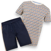 AQUASCUTUM BIG LOGO T-SHIRT & PATCH POCKET SWIM SHORTS SET CHECK SHIRT & NAVY