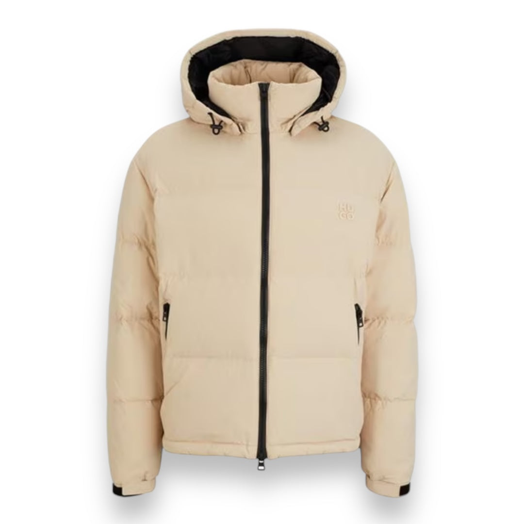 HUGO STACK LOGO HOODED PUFFER JACKET BEIGE