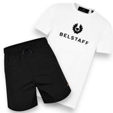 BELSTAFF LARGE LOGO T-SHIRT & NYLON METAL STYLE SWIM SHORTS SET WHITE & BLACK