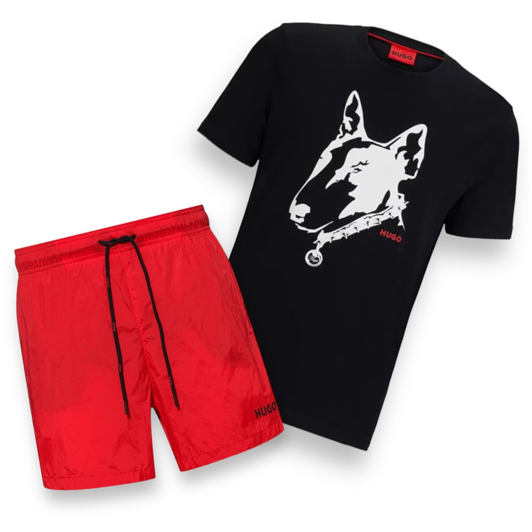 HUGO BOSS HUGO BULL TERRIER T-SHIRT & SWIM SHORTS SET BLACK & RED