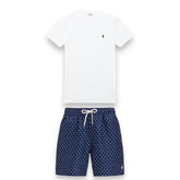 RALPH LAUREN LOGO T-SHIRT & DOTTED SWIM SHORTS SET WHITE - NAVY BLUE