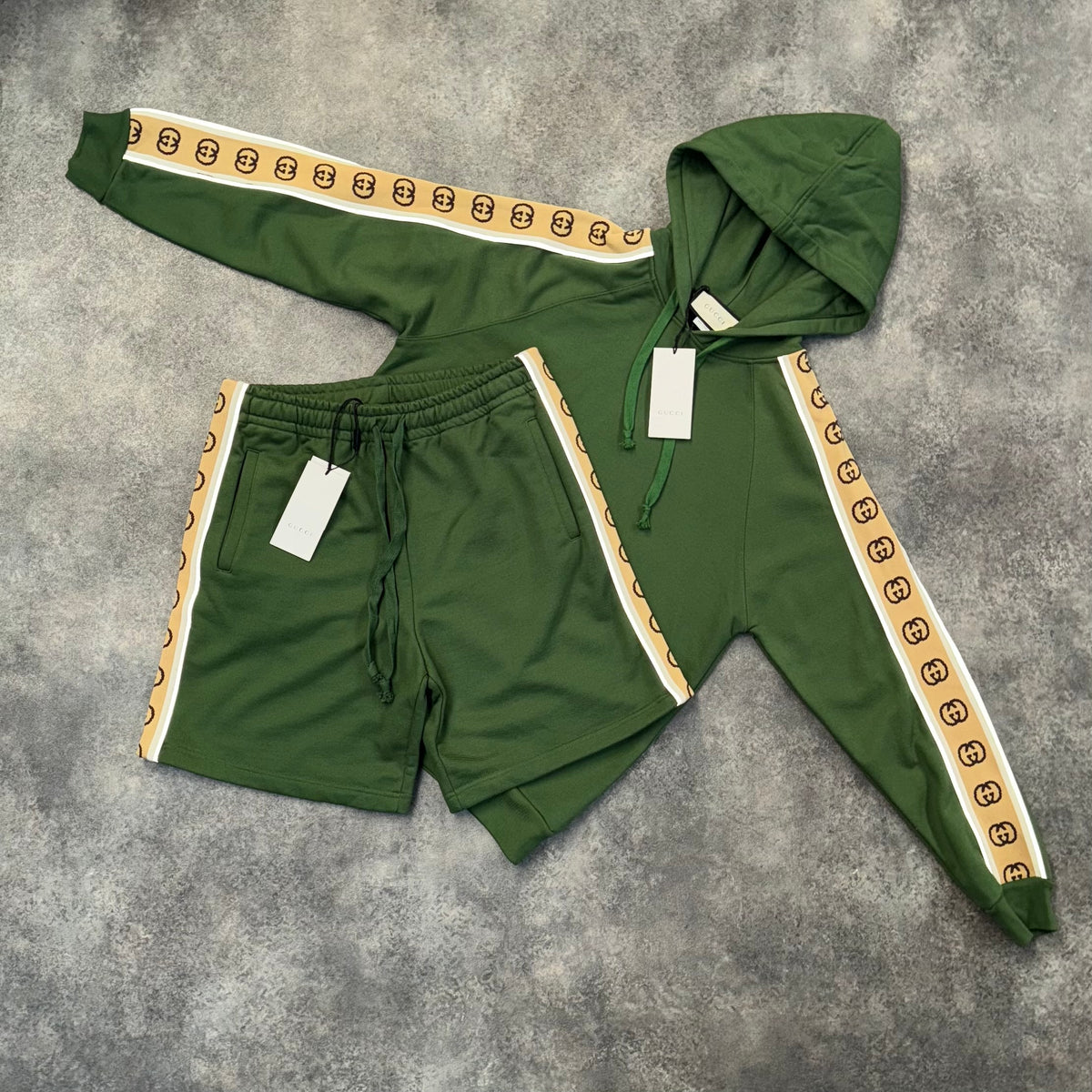 GUCCI GG TAPE LOGO HOODIE & JERSEY SHORTS SET GREEN