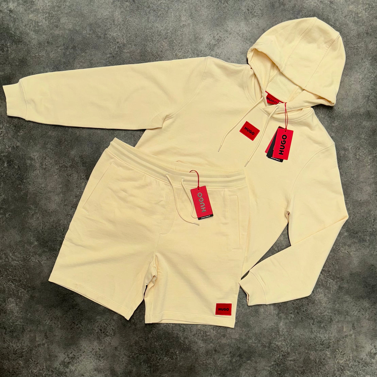 HUGO BOSS HUGO RED PATCH OTTH HOODIE & JERSEY SHORTS SET BEIGE