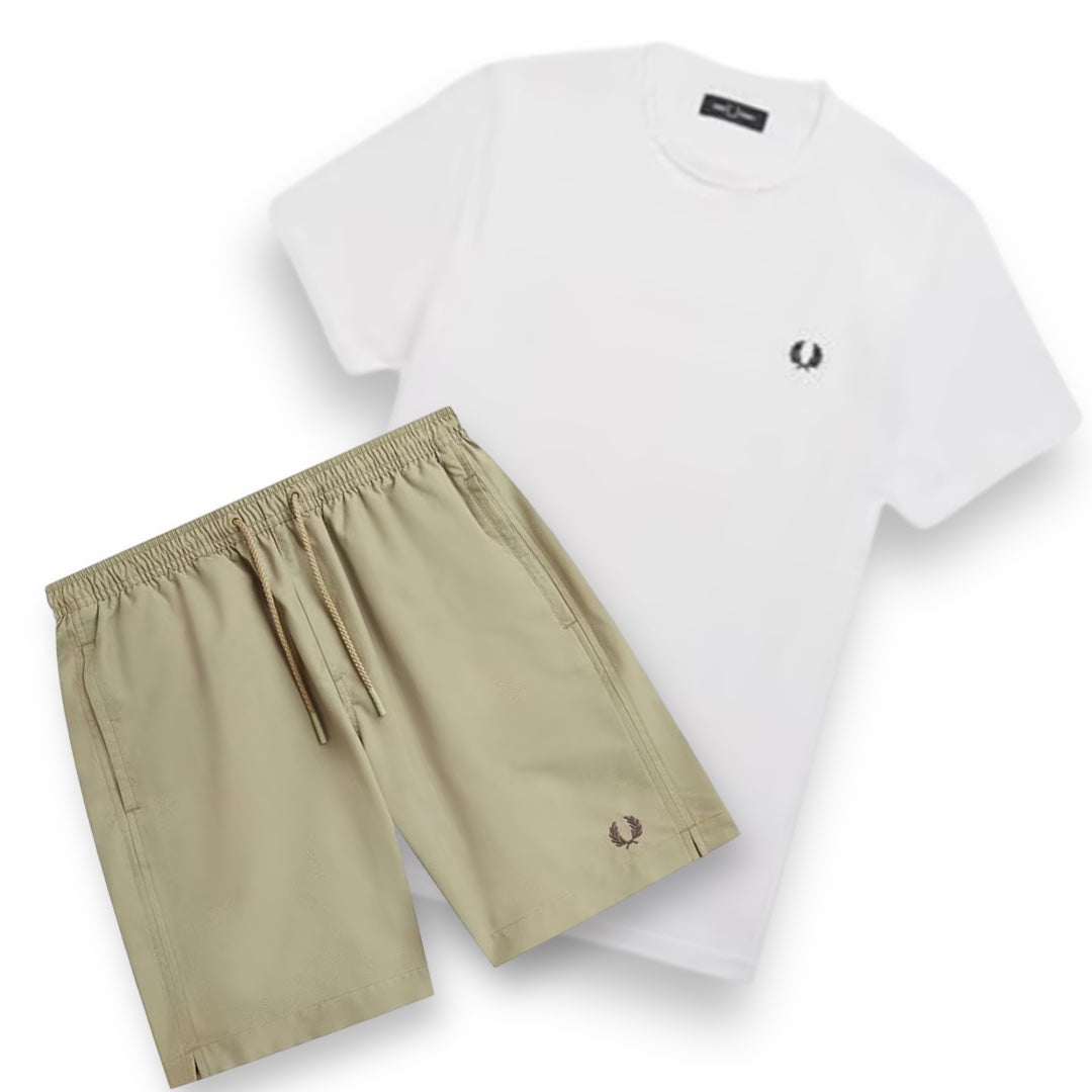 FRED PERRY SMALL LOGO T-SHIRT & SWIM SHORTS SET WHITE & BEIGE