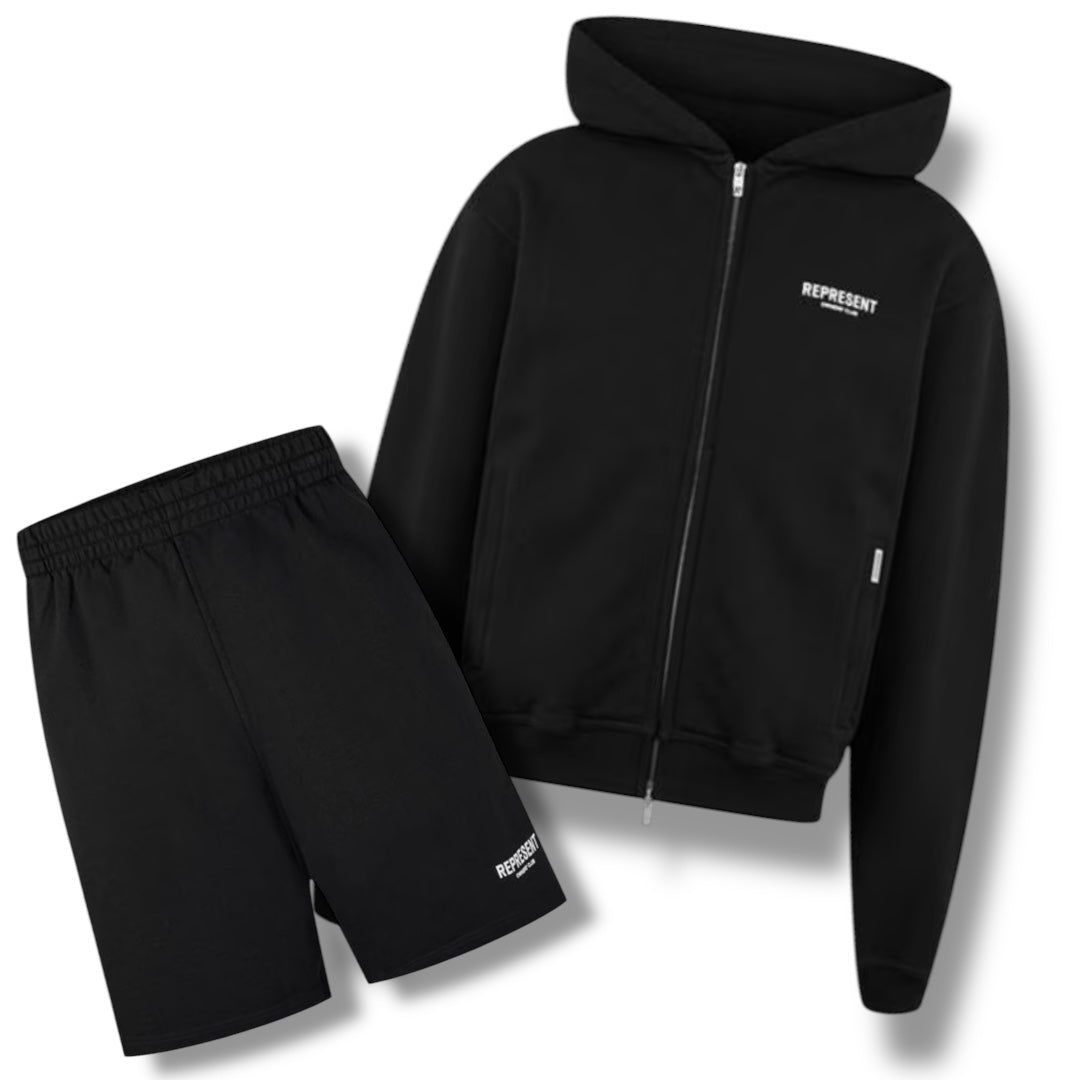 REPRESENT OWNERS CLUB ZIP UP HOODIE & SHORTS COMBO BLACK