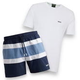 HUGO BOSS SMALL LOGO T-SHIRT & THICK STRIPE SWIM SHORTS SET WHITE & BLUE