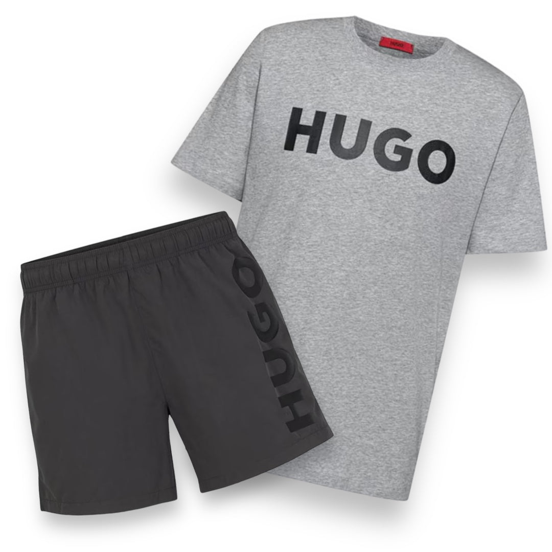 HUGO BOSS HUGO VERTICAL LOGO T-SHIRT & SWIM SHORTS SET LIGHT & SLATE GREY