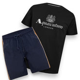 AQUASCUTUM BIG LOGO T-SHIRT & PATCH POCKET SWIM SHORTS SET NAVY BLUE & NAVY