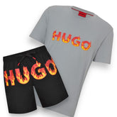 HUGO BOSS HUGO FLAME LOGO T-SHORT & LOGO FLAMES SWIM SHORTS SET GREY & BLACK