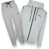 BOSS TECH ZIP UP HOODIE & JOGGERS FULL TRACKSUIT LIGHT GREY