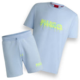 HUGO BOSS HUGO GRAFFITI T-SHIRT & JERSEY SHORTS SETS LIGHT BLUE / LIME