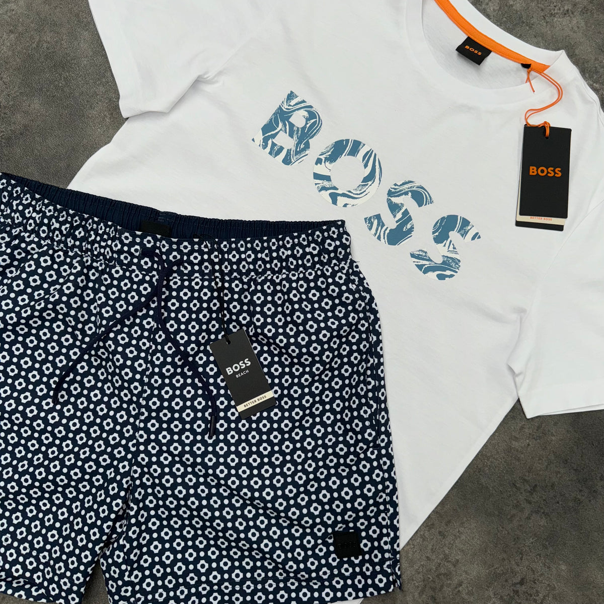 HUGO BOSS WAVE LOGO T-SHIRT & SHORTS SET WHITE / NAVY