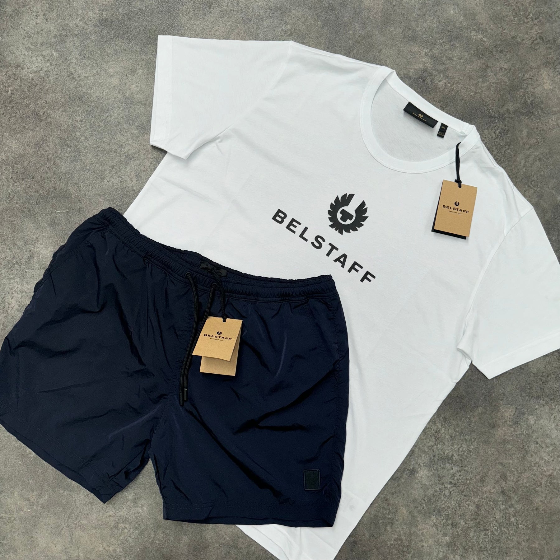 BELSTAFF LARGE LOGO T-SHIRT & NYLON METAL STYLE SWIM SHORTS SET WHITE & NAVY