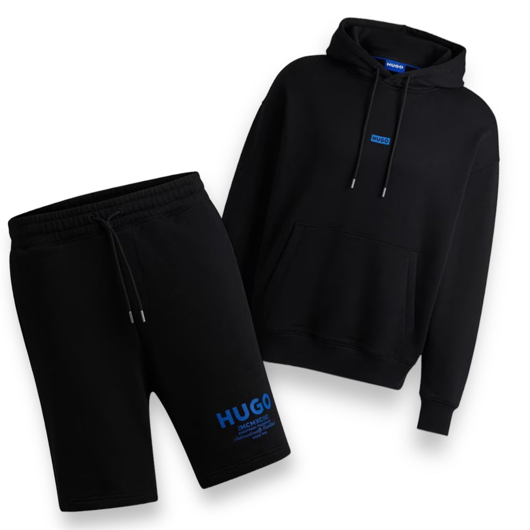 HUGO GRAFFITI LOGO OTTH HOODIE & JERSEY SHORTS SET BLACK