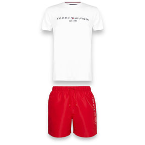 TOMMY HILFIGER FLAG LOGO T-SHIRT & SWIM SHORTS SET WHITE - RED