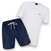 HUGO BOSS SMALL LOGO T-SHIRT & SIDE SWIM SHORTS SET WHITE / NAVY BLUE