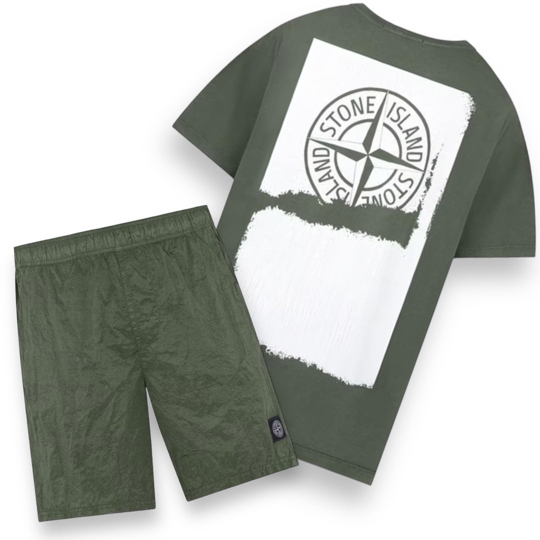 STONE ISLAND PAINT LOGO T-SHIRT & NYLON SWIM SHORTS SET KHAKI GREEN