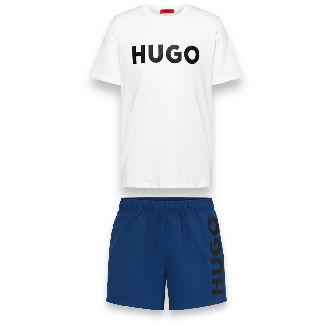 HUGO BOSS HUGO BIG LOGO T-SHIRT & SWIM SHORTS SET WHITE & BLUE