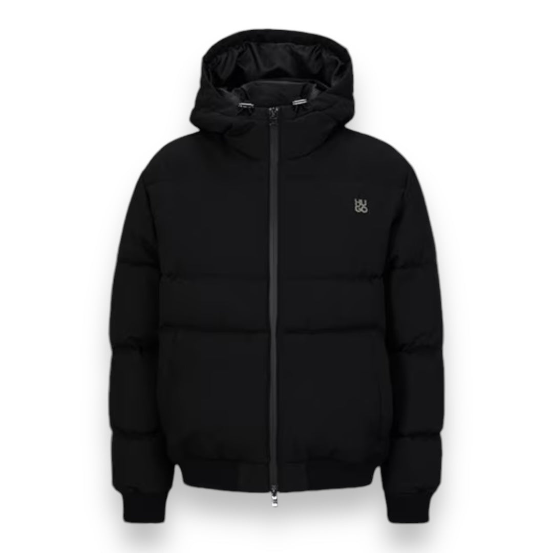 HUGO STACK METAL LOGO HOODED PUFFER JACKET BLACK