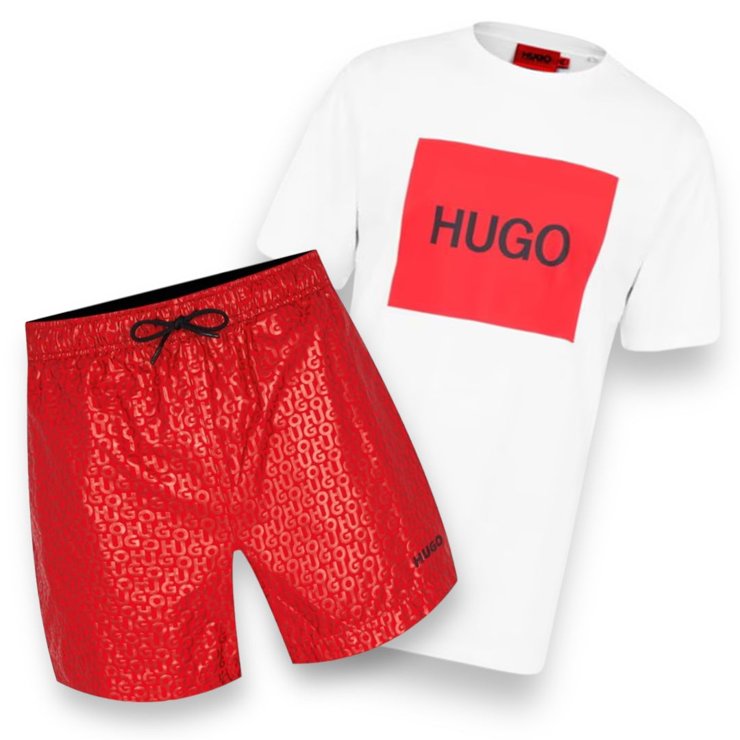 HUGO BOSS HUGO BOX LOGO T-SHIRT & ALL OVER LOGO SWIM SHORTS WHITE & RED