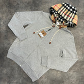 BURBERRY FULL ZIP NOVA CHECK HOODED SWEATSHIRT GREY