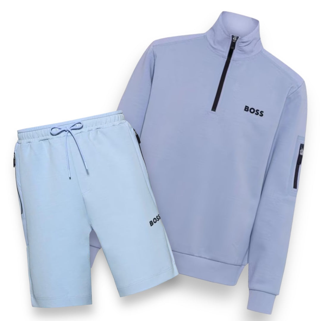 HUGO BOSS TECH 1/4 SWEATSHIRT & TECH JERSEY SHORTS SET LIGHT BLUE