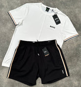 HUGO BOSS THIN TRI ARM STRIPE LOGO T-SHIRT & SWIM SHORTS SET WHITE & BLACK