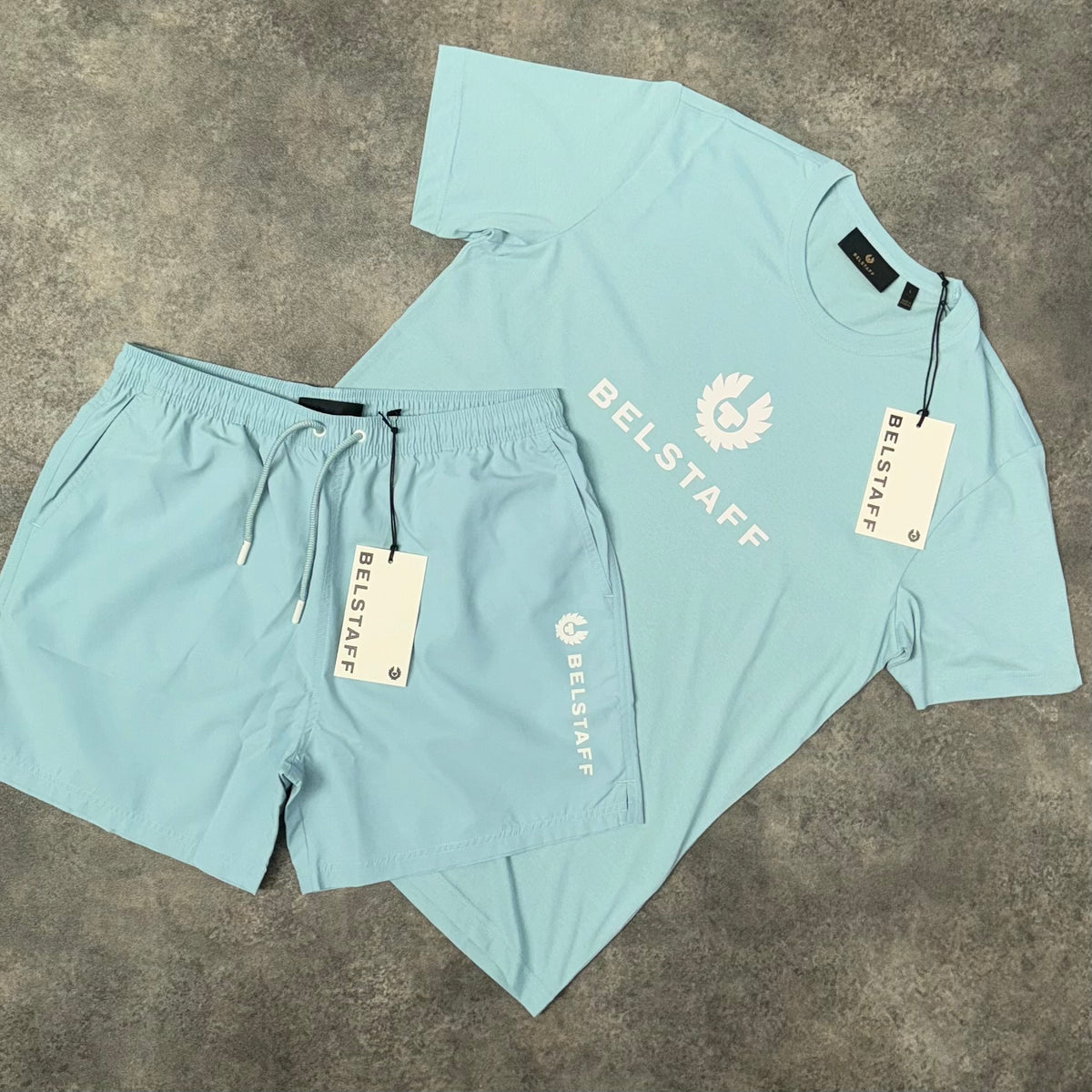 BELSTAFF LARGE LOGO T-SHIRT & VERTI LOGO SWIM SHORTS SET LIGHT BLUE