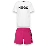 HUGO BOSS HUGO BIG LOGO T-SHIRT & SWIM SHORTS SET WHITE & PINK