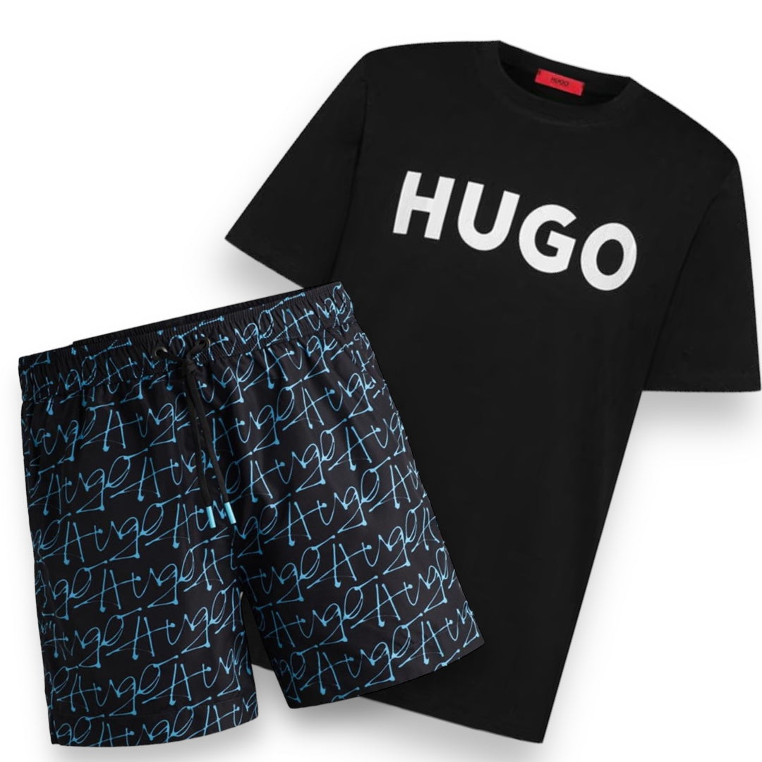 HUGO BOSS HUGO BIG LOGO T-SHIRT & SWIM SHORTS SIGNATURE LOGO SET BLACK & BLACK