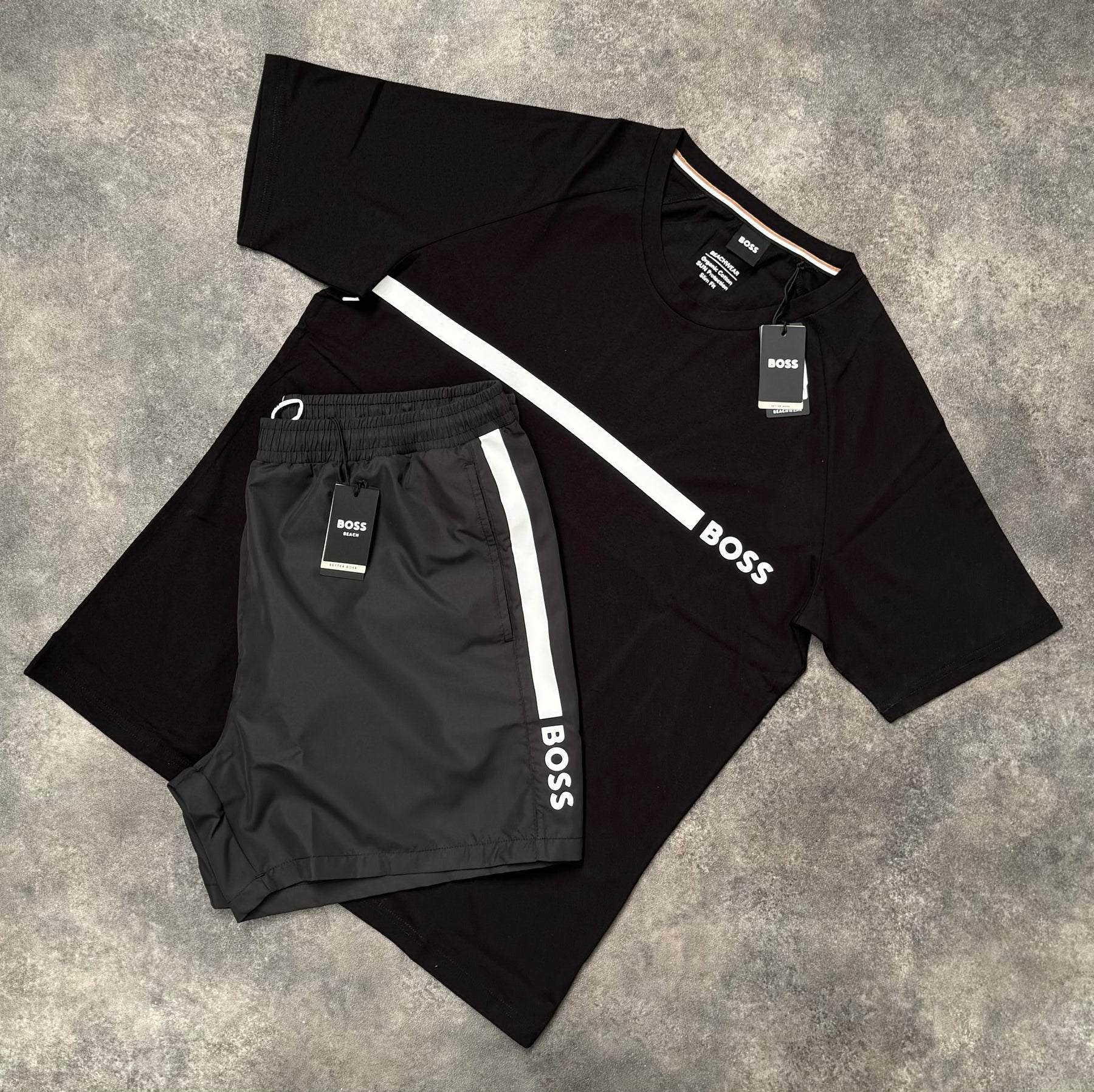 HUGO BOSS STRIPE TRIM T-SHIRT & SWIM SHORTS SET BLACK