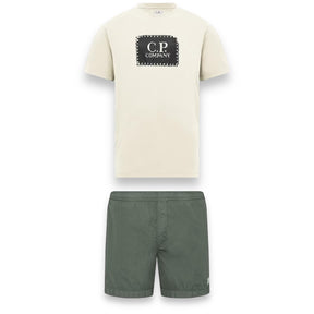 CP COMPANY LARGE PATCH LOGO T-SHIRT & PATCH SWIM SHORTS SET WHITE & GREEN