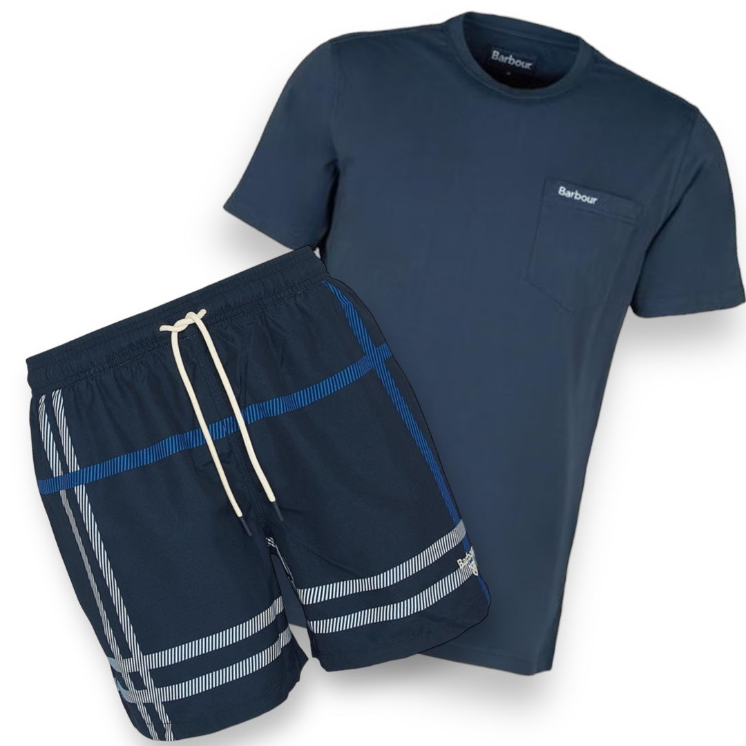 BARBOUR POCKET T-SHIRT & SWIM SHORTS SET NAVY BLUE & BLUE CHECK