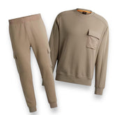 HUGO BOSS LARGE POCKET FULL TRACKSUIT BEIGE SWEATSHIRT & CARGO STYLE JOGGERS