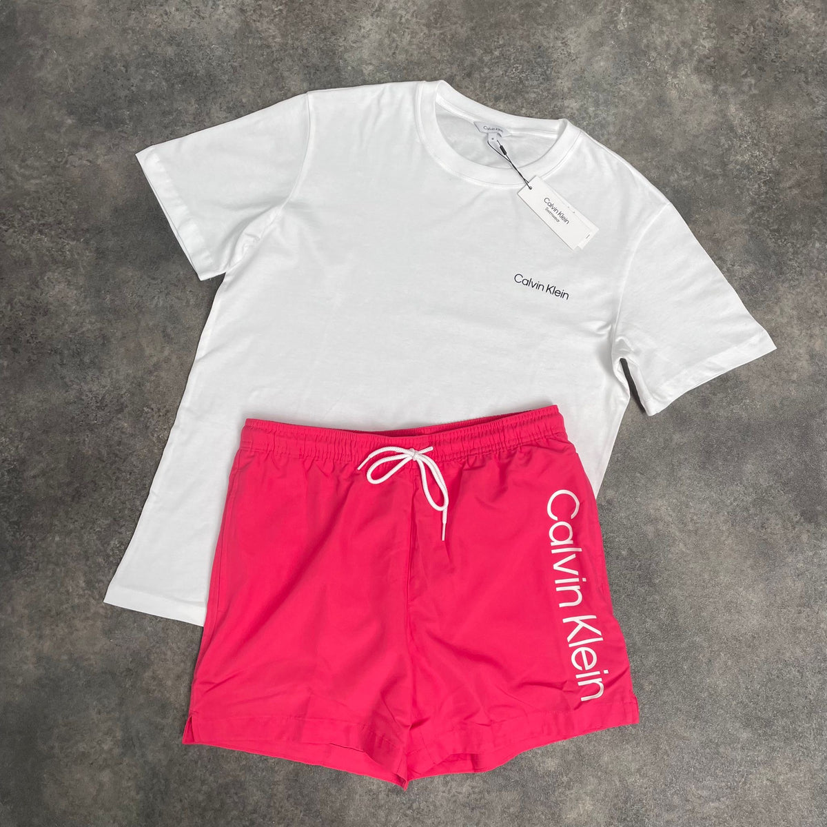 CALVIN KLEIN T-SHIRT & SWIM SHORTS SET WHITE & PINK