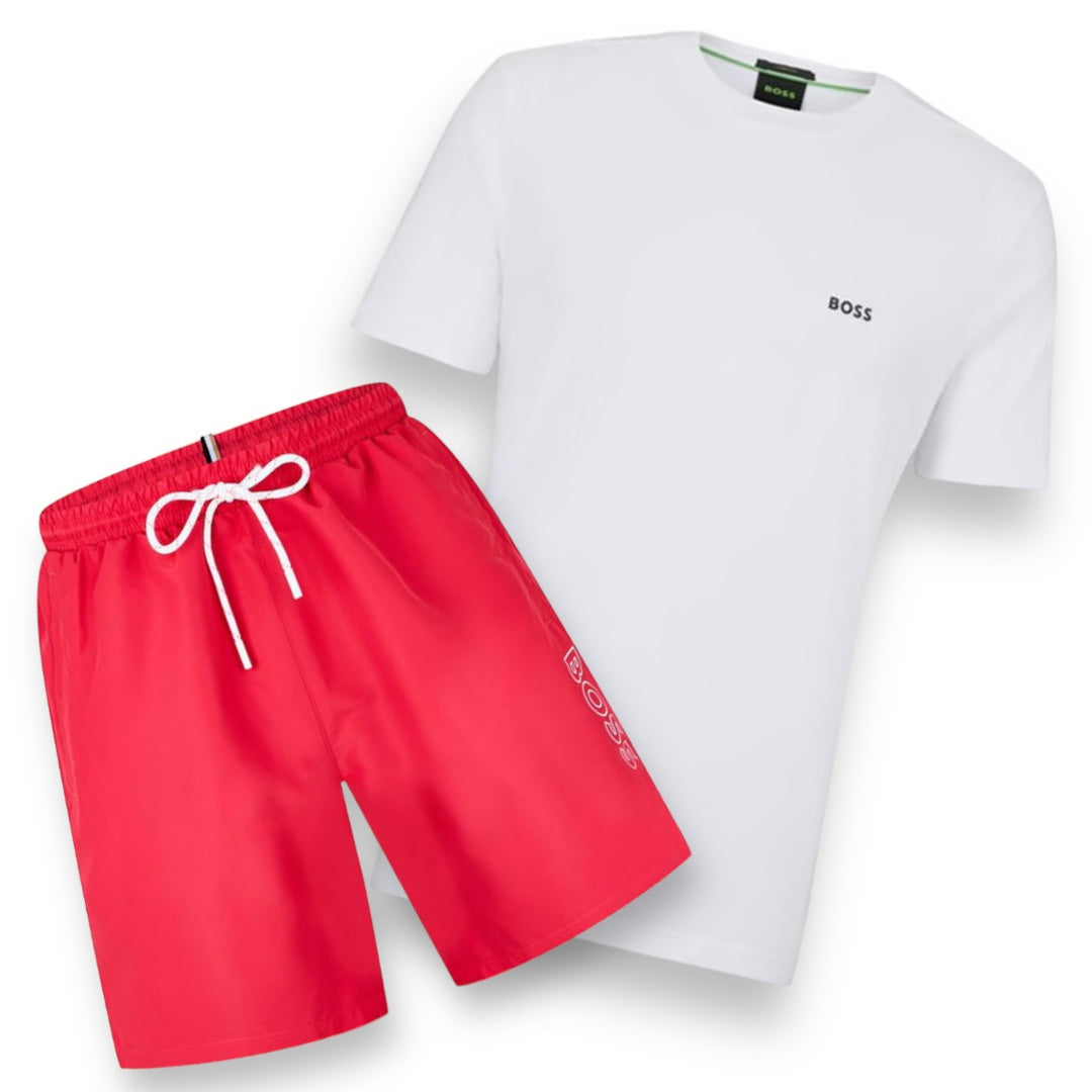 HUGO BOSS SMALL LOGO T-SHIRT & SIDE SWIM SHORTS SET WHITE / HOT PINK