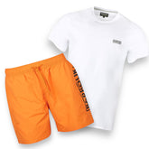 BARBOUR INTERNATIONAL SMALL LOGO T-SHIRT & SWIM SHORTS SET WHITE & ORANGE