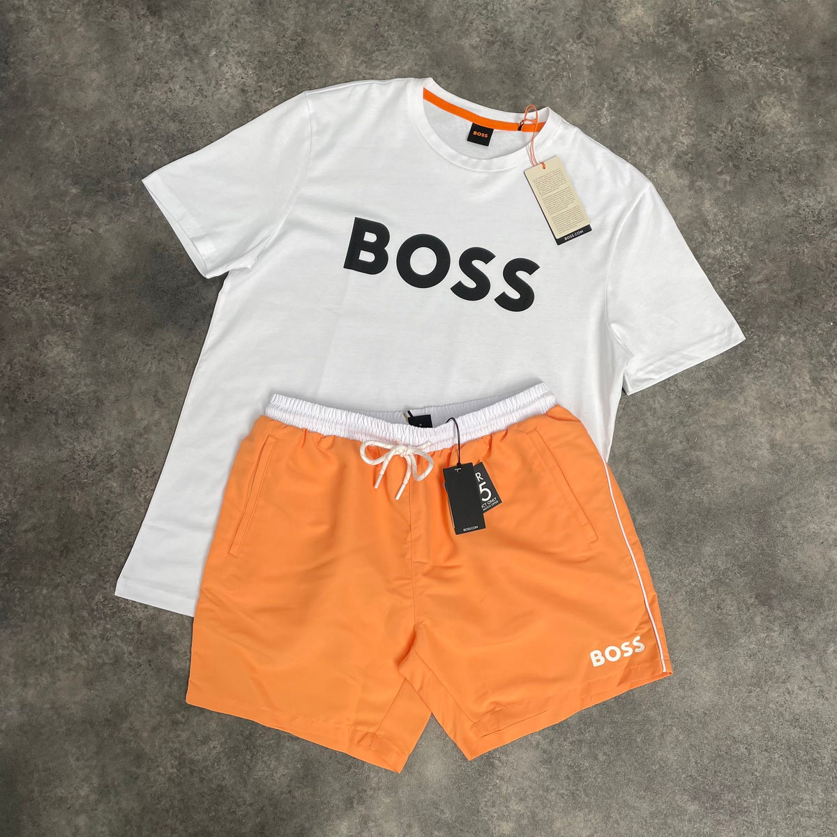 HUGO BOSS BIG LOGO T-SHIRT & STAR SWIM SHORTS SET WHITE & ORANGE