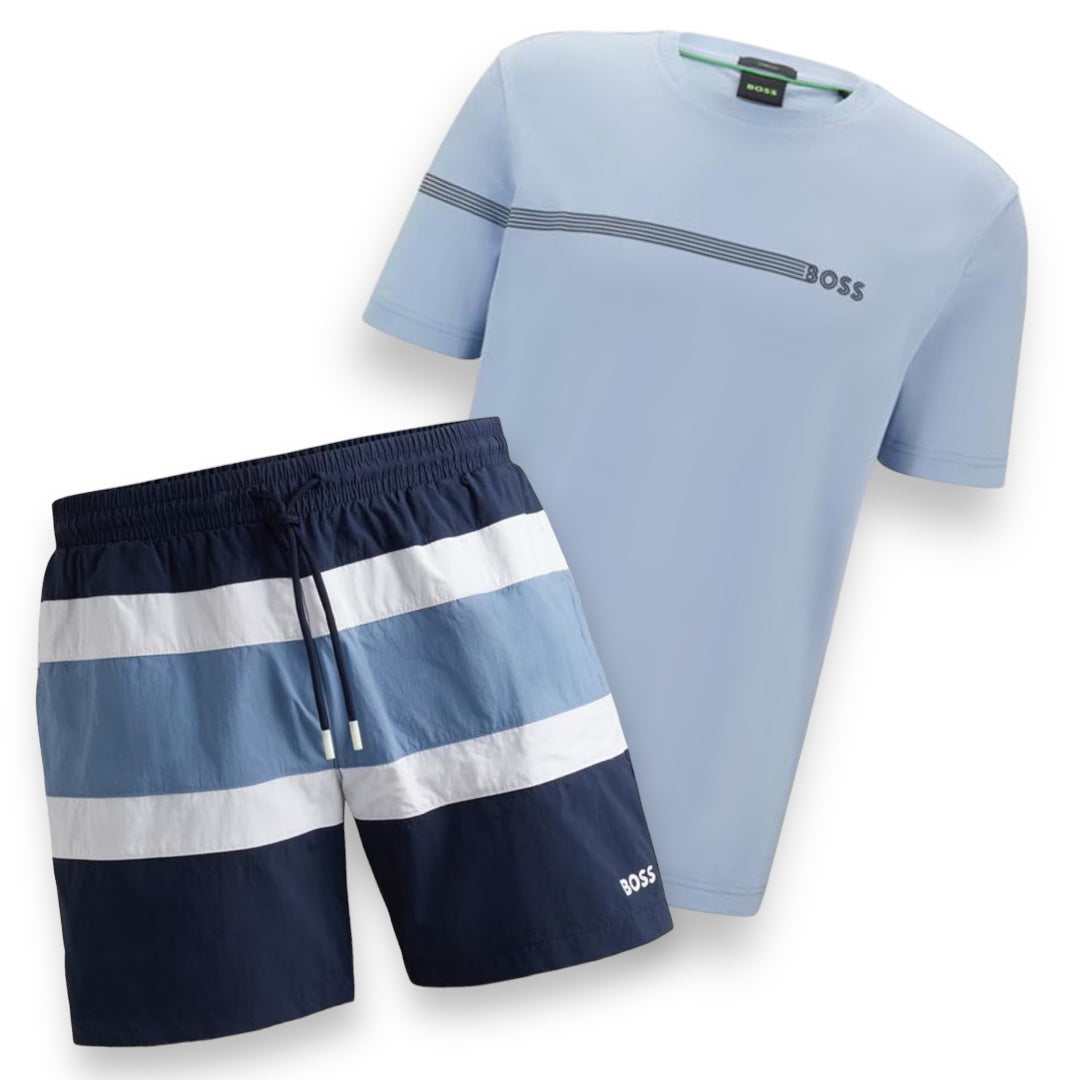 HUGO BOSS RECTANGLE LOGO T-SHIRT & THICK STRIPE SWIM SHORTS SET LIGHT BLUE / BLUE