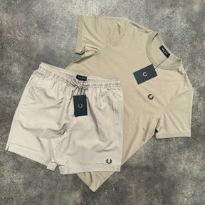 FRED PERRY SMALL LOGO T-SHIRT & SWIM SHORTS SET BEIGE