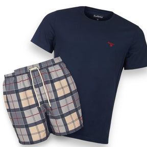 BARBOUR SMALL LOGO T-SHIRT & SWIM SHORTS SET NAVY & BEIGE CHECK