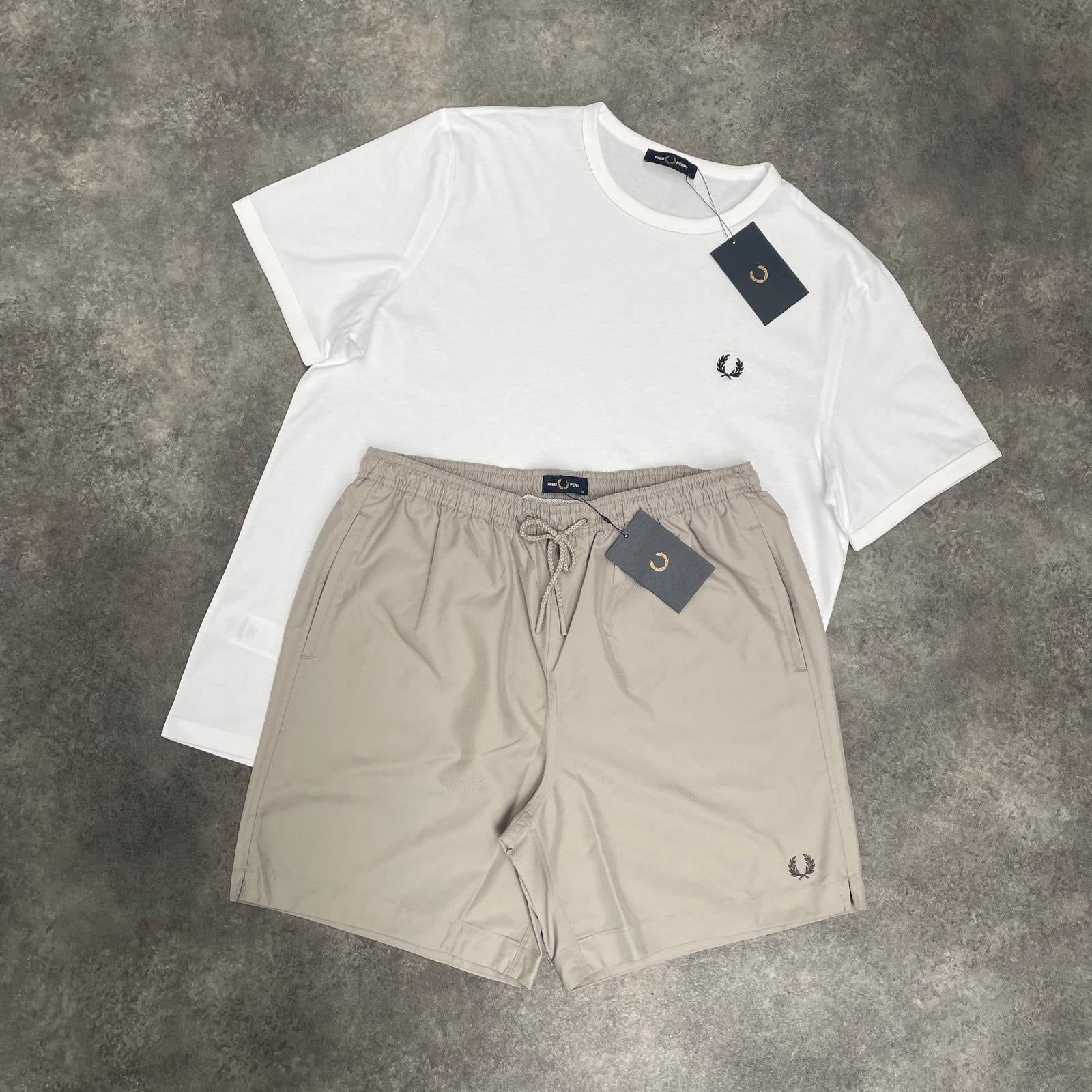 FRED PERRY SMALL LOGO T-SHIRT & SWIM SHORTS SET WHITE & BEIGE