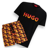 HUGO BOSS HUGO FLAME LOGO T-SHORT & MULTI FLAMES SWIM SHORTS SET BLACK / ORANGE